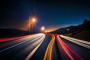 un' lungo esposizione foto di macchine guida su un' autostrada a notte. ai-generato