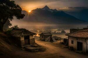 un' villaggio nel il montagne a Alba. ai-generato foto