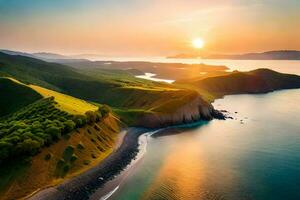 il sole imposta al di sopra di il oceano e colline nel Questo foto. ai-generato foto