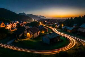 foto sfondo il cielo, montagne, strada, case, il villaggio, il strada, il villaggio. ai-generato