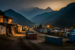 un' villaggio a crepuscolo con montagne nel il sfondo. ai-generato foto