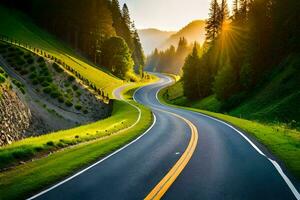 un' lungo strada con un' sole splendente su esso. ai-generato foto