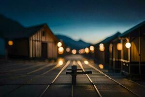 un' treno traccia con luci su esso a notte. ai-generato foto