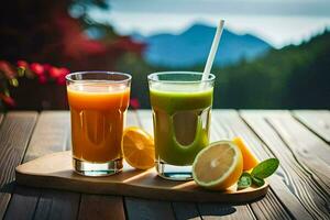 Due bicchieri di succo su un' tavolo con montagne nel il sfondo. ai-generato foto