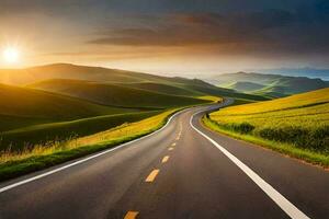 un' strada nel il mezzo di un' verde campo con il sole ambientazione dietro a esso. ai-generato foto