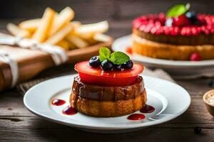 Due torte con frutta e patatine fritte su un' di legno tavolo. ai-generato foto