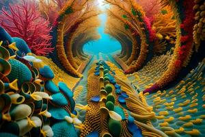 un' colorato subacqueo tunnel con corallo e altro mare vita. ai-generato foto