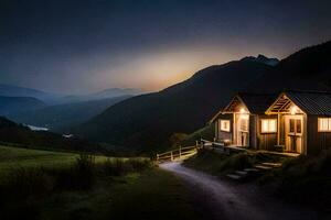 un' cabina nel il montagne a notte. ai-generato foto