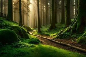 un' sentiero attraverso un' foresta con alberi e erba. ai-generato foto