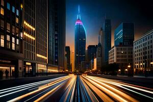 un' città strada a notte con luci e traffico. ai-generato foto