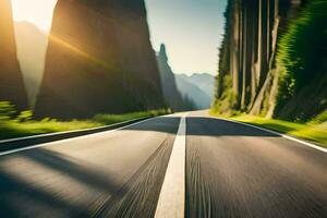 un' strada con un' auto guida giù esso. ai-generato foto