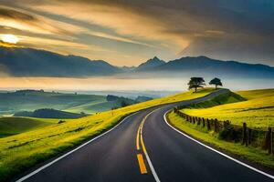 un' panoramico strada nel il mezzo di un' verde campo. ai-generato foto