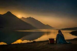 un' donna seduta su il riva di un' lago a tramonto. ai-generato foto