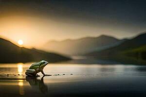 un' rana seduta su il bordo di un' lago a tramonto. ai-generato foto