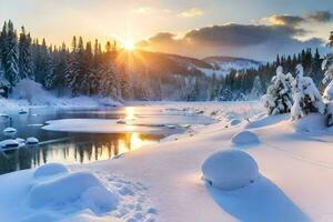 neve coperto alberi e il sole ambientazione al di sopra di un' fiume. ai-generato foto