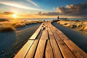 un' di legno passerella conduce per il oceano a tramonto. ai-generato foto