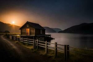 un' piccolo di legno Casa si siede su il riva di un' lago a tramonto. ai-generato foto