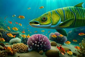 un subacqueo scena con un' pesce e corallo. ai-generato foto