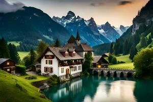 un' bellissimo montagna villaggio con un' lago e un' ponte. ai-generato foto