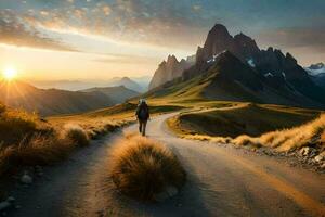 un' uomo passeggiate su un' strada nel il montagne. ai-generato foto