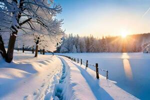 un' nevoso sentiero conduce per un' lago e il sole è ambientazione. ai-generato foto