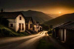 foto sfondo il cielo, strada, montagne, tramonto, il sole, strada, villaggio, strada. ai-generato