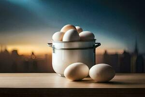 uova nel un' secchio su un' tavolo con paesaggio urbano nel il sfondo. ai-generato foto