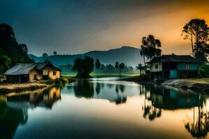 un' fiume nel il mezzo di un' villaggio a tramonto. ai-generato foto