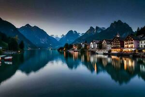 un' lago e montagne a crepuscolo con Barche e case. ai-generato foto