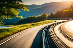 un' auto guida su un' avvolgimento strada nel il sole. ai-generato foto