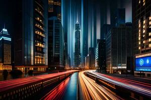 un' città strada a notte con lungo esposizione fotografia. ai-generato foto