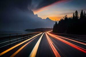 un' lungo esposizione fotografia di un' strada con leggero sentieri. ai-generato foto