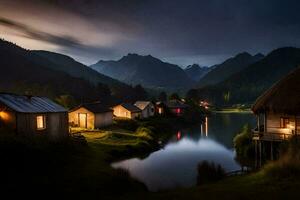 foto sfondo il cielo, montagne, lago, Casa, il notte, il montagne, il lago. ai-generato