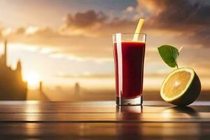 un' bicchiere di succo con un' fetta di Limone e un' tramonto nel il sfondo. ai-generato foto