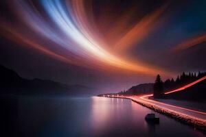 un' lungo esposizione fotografia di un' auto guida lungo un' strada a notte. ai-generato foto