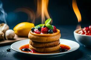 un' pila di Pancakes con frutti di bosco e sciroppo. ai-generato foto