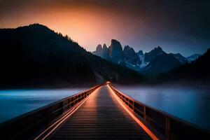 un' lungo ponte al di sopra di un' lago a tramonto. ai-generato foto