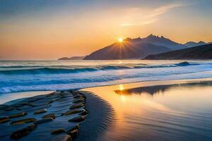 il sole sorge al di sopra di il oceano e montagne. ai-generato foto