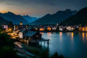 un' cittadina si siede su il riva di un' lago a crepuscolo. ai-generato foto