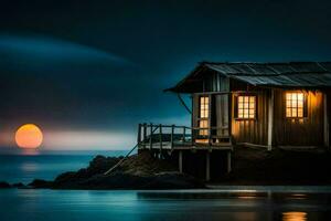 un' piccolo di legno Casa si siede su il riva di il oceano. ai-generato foto