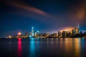 il città orizzonte a notte con un' colorato leggero mostrare. ai-generato foto