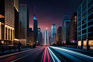 un' città strada a notte con luci su il edifici. ai-generato foto