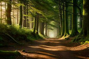 un' sporco strada nel il mezzo di un' foresta con alberi. ai-generato foto