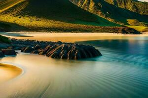 un' bellissimo spiaggia con onde e montagne. ai-generato foto