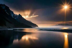 foto sfondo il cielo, montagne, acqua, il sole, il montagne, il montagne, il. ai-generato