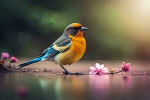 un' uccello è in piedi su il terra con fiori. ai-generato foto
