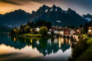 un' bellissimo tramonto al di sopra di un' lago e montagne. ai-generato foto