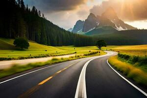 un' strada nel il montagne con un' sole splendente. ai-generato foto