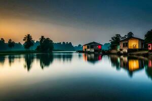 un' Casa su il acqua con un' bellissimo tramonto. ai-generato foto