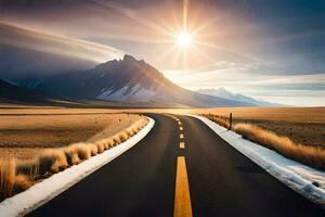 un' lungo strada nel il mezzo di un' deserto con il sole splendente. ai-generato foto